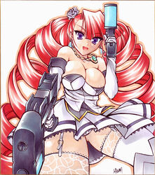 arcana_heart_2 areola areolae bare_shoulders breasts c.r. cleavage dress drill_hair dual_wielding earrings elbow_gloves flower garter_belt garters gloves gun guns_akimbo hair_flower hair_ornament hands_on_hips jewelry lace lace-trimmed_thighhighs large_breasts long_hair necklace nipple_slip nipples no_bra orange_hair panties pantyshot pendant petra_johanna_lagerkvist purple_eyes red_hair rose signature thighhighs tied_hair twin_drills twintails underwear upskirt very_long_hair weapon white_legwear white_panties white_thighhighs zettai_ryouiki