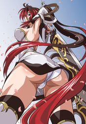 ass big_breasts blue_eyes curvy detached_sleeves dress endless_frontier female female_focus female_only from_below huge_sword huge_weapon infinite_frontier kaguya_nanbu long_hair multicolored_hair nanbu_kaguya panties petals ponytail red_hair smile solo strapless_dress super_robot_wars super_robot_wars_og_saga_mugen_no_frontier sword thighhighs tied_hair tofu tofu_(artist) two_tone_hair underwear weapon