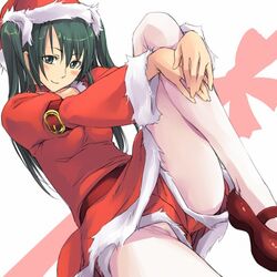 d.gray-man green_eyes green_hair hat lenalee_lee mosha panties panties_under_pantyhose pantyhose santa_costume sitting tied_hair twintails underwear white_legwear white_pantyhose