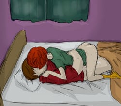 2boys bed bottomless cum eric_cartman gay kissing kyle_broflovski male male_only multiple_boys red_hair south_park yaoi