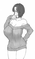 1girls breasts cleavage female female_only huge_breasts looking_at_viewer monochrome saya_(twrlare) sweater_dress twrlare