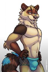 2017 anthro arm_tuft biped blue_body blue_clothing blue_eyes blue_fur blue_underwear brown_body brown_fur bulge canid canine cheek_tuft claws clothed clothing digital_media_(artwork) elbow_tufts facial_tuft fingers fur gloves_(marking) hi_res kokkuri_(tanuki) male male_only mammal markings mesh_underwear multicolored_body multicolored_fur multicolored_tail navel neck_tuft open_mouth raccoon_dog simple_background smile solo tan_body tan_fur tanuki teeth tongue topless tsaiwolf tuft underwear