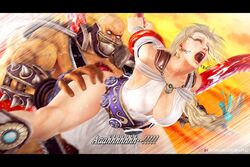 3d astaroth astaroth_(soul_calibur) blonde_hair chobixpho cleavage closed_eyes clothed_sex clothing defeated female from_behind hetero long_hair male milf open_mouth penetration rape restrained sophitia_alexandra soul_calibur spread_legs tentacle