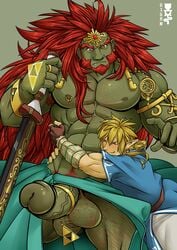 2boys abs accessory alternate_version_at_source ball_hair balls beard big_penis blonde_hair body_hair boner breath_of_the_wild chest_hair closed_eyes clothed clothing cock_ring duo ear_piercing ear_ring erection facial_hair ganondorf gay genitals gerudo giganuramaki glans green_skin hair hairy hi_res hug humanoid humanoid_penis humanoid_pointy_ears hylian jewelry larger_male leg_hair link link_(breath_of_the_wild) long_hair male male/male male_only mammal muscular muscular_male nintendo nipple_piercing nipples pecs penis penis_accessory penis_jewelry piercing pubes red_hair rehydrated_ganondorf simple_background size_difference smaller_male smile the_legend_of_zelda vein veiny_penis video_games wholesome yaoi yellow_eyes