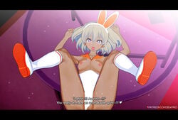 1girls 3d alternate_outfit armpits ass bea_(pokemon) black_border blonde_hair blue_eyes bodysuit bodysuit_aside breasts breasts_out bunnysuit chobixpho clothes dark_skin english_text eye_contact fake_ears female female_only heart heart-shaped_pupils human implied_sex koikatsu legs_up looking_at_viewer nintendo on_back patreon pokemon pokemon_ss pov pussy rough_sex shoes short_hair socks solo source_request spread_legs subtitled text topless watermark wide_hips