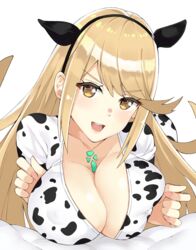 1girls animal_print bangs bed bed_sheet big_breasts blonde_hair blush breast_suppress breasts cleavage cow_girl cow_print erect_nipples eyebrows_visible_through_hair female gem hair_ornament headpiece highres horn j@ck jewelry large_breasts long_hair looking_at_viewer matching_hair/eyes mythra_(xenoblade) nintendo nipples open_mouth simple_background smile solo swept_bangs swimsuit tiara very_long_hair white_background xenoblade_(series) xenoblade_chronicles_2 yellow_eyes