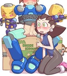 1boy 1girls blush bokkun box brown_hair capcom chains closed_eyes darkbot drooling female hair heart-shaped_pupils highres male mega_man mega_man_legends mega_man_volnutt nipples_visible_through_clothing on_knees penis penis_awe penis_out pokies robot rockman rockman_dash servbot sweat testicles tied_up tron_bonne underling vein video_games wavy_mouth