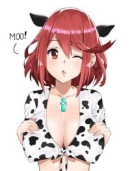 1girls animal_print blush breasts cow_ears cow_print erect_nipples female highres j@ck jewelry large_breasts looking_at_viewer matching_hair/eyes mooing nintendo one_eye_closed open_mouth pyra_(xenoblade) red_eyes red_hair short_hair simple_background smile solo tiara wink xenoblade_(series) xenoblade_chronicles_2