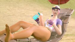 1futa 3d barefoot beach_bomber beach_chair dickgirl feet fingerless_gloves fortnite futa_only futanari hat looking_at_viewer n3xivm pink_hair soles solo solo_futa source_filmmaker thick_thighs toes