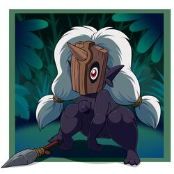 1:1 1_eye 2020 3_toes areola breasts fake_horns female female_only genitals hair hi_res horn humanoid imp lonbluewolf melee_weapon nipples not_furry one_eye_closed one_eye_covered one_eye_obstructed polearm pussy red_eyes solo spear weapon white_hair