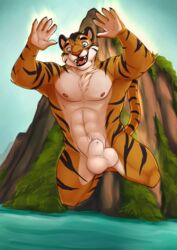 2017 abs animal_genitalia anthro balls biceps black_body black_fur blue_eyes claws cliff day detailed_background digital_media_(artwork) diving fcsimba felid fur genitals hi_res karnal male male_only mammal multicolored_body multicolored_fur muscular muscular_male nipples nude open_mouth orange_body orange_fur outside pantherine pecs sheath sky smile solo striped_body striped_fur stripes teeth tiger tongue tuft water white_body white_fur