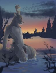 2019 anthro antlers cervid detailed_background digital_media_(artwork) evening forepawz forest fur genitals horn humanoid_penis lake male male_only mammal nude otherwords outside penis sky solo tree twilight water