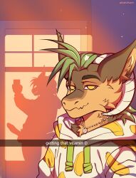 absurd_res anthro banana bottomless brown_body brown_fur caption clothed clothing elemental_creature flora_fauna food fruit fur furred_kobold furred_scalie genitals grass_hair hi_res hoodie hoodie_only horn humanoid_genitalia humanoid_penis hybrid kalei_(hydro19) kobold male penis penis_shadow plant scalie selfie shadow shell_necklace smug solo topwear topwear_only urakiram