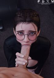 2hour2 3d 3d_(artwork) 3d_model 3d_render big_penis blender blowjob blue_eyes bodysuit braids brown_hair bubbles eye_contact eyebrows eyelashes eyeshadow glasses handjob handjob_while_sucking mascara_tears oral oral_penetration oral_sex saliva the_first_descendant valby_(the_first_descendant)