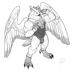 3_toes 5_fingers anthro avian beak biceps bird bulge claws clothing fingers flexing furry genital_outline genitals hi_res humanoid_penis leotard male male_only muscular muscular_male muscular_thighs owl penis penis_outline quads rollwulf simple_background solo sova tight_clothing toes vein white_background wings