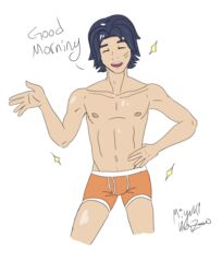 1boy abs blue_hair bulge closed_eyes clothing english_text ezra_bridger male male_focus male_only miyuki_kazoo muscular muscular_male orange_underwear pectorals pose short_hair simple_background smile solo star_wars star_wars_rebels text underwear white_background