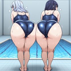 2girls ai_generated ass ass-to-ass bending_over bent_over bubble_butt campbell_mira full_body huge_ass kujou_shizuru looking_at_viewer medium_breasts oide_yo!_shiritsu_yarima_x_rigakuen one-piece_swimsuit pool poolside school_swimsuit standing swimsuit thick_thighs wet wet_ass