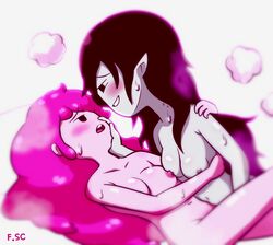 2girls adventure_time bite_mark black_hair blush canon_couple embrace female fizzyspidercider grey_skin happy_sex lesbian long_hair looking_at_another marceline medium_breasts multiple_girls nipples nude nude_female nudity open_mouth pink_hair pink_skin pointy_ears princess_bubblegum smile sweat vampire yuri