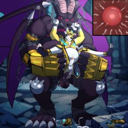 1:1 anal anal_sex anthro balls bandai_namco belphemon belphemon_(rage_mode) blush bodily_fluids bovid brown_body brown_fur caprine chains cum cum_in_ass cum_inside demon digimon digimon_(species) duo erection fur genital_fluids genitals goat hi_res horn impregnation inflation male male/male male_impregnating_male male_penetrated male_penetrating male_penetrating_male mammal mr._duplicat orgasm penetration penile penile_penetration penis penis_in_ass pregnant pregnant_male sex size_difference wings