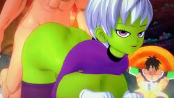 1girls 2boys 3d animated big_ass big_breasts broly broly_(dragon_ball_super) cheelai dragon_ball dragon_ball_super dragon_ball_z dragonrip faceless_male green_skin huge_ass huge_breasts koikatsu light-skinned_male no_sound tagme video watching white_hair