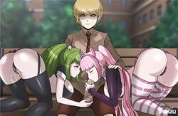 1boy 2girls aged_up ass big_ass big_breasts big_penis blowjob breasts danganronpa danganronpa_ultra_despair_girls fellatio green_hair handjob heavy_blush kemuri_jataro looking_at_viewer necktie nipples_visible_through_clothing panties penis pink_hair pleasure_face pussy pussy_juice sex shinzu031 socks straight_hair testicle_grab towa_monaca twintails utsugi_kotoko wet_pussy