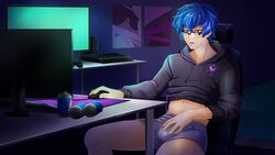 1boy blue_hair blush boner bulge console fap_ceo_menstream fondling gamer gaming gay glasses green_eyes laptop looking_at_viewer mike_(fap_ceo_menstream) no_pants pale-skinned_male playstation_4 shirt_up soda soda_can solo stain twink underwear video_game