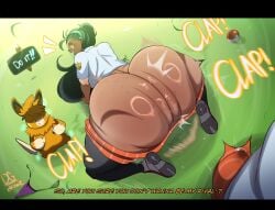 1boy 1girls 2d ass big_ass big_butt big_thighs black_hair bulge clapping_cheeks curvaceous curvaceous_female curvy curvy_female dark-skinned_female dark_skin dgdrawz dialogue english english_text fat_ass florian_(pokemon) freckles freckles_on_ass freckles_on_butt game_freak generation_9_pokemon huge_ass huge_butt huge_thighs inviting looking_back mating_dance nemona_(pokemon) nintendo pawmot pokemon pokemon_(species) pokemon_sv precum precum_drip precum_through_clothing presenting_hindquarters shorts shorts_down tagme teasing text thick_ass thick_butt thick_hips thick_legs thick_thighs throwing_it_back twerking voluptuous voluptuous_female wide_hips