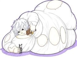 1boy action_figure chocolate chubby death_note eating fat lying_on_side male_only nate_river near obese overweight pajamas prisonsuit-rabbitman stretched_clothes thick_thighs weight_gain what white_clothing white_hair