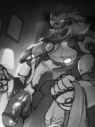 android banyue_(zenless_zone_zero) black_and_white blush breath_cloud circumcised holding_towel male muscular muscular_male penis_out robot robot_humanoid solo solo_male trickster23 veiny_penis zenless_zone_zero