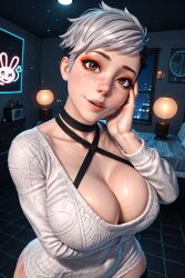 1girls 3d 3d_(artwork) ai_generated big_ass big_breasts breasts busty cleavage gray_hair halter_top kylee_(oc) pixie_cut radnsad short_hair side_shave silver_hair solo solo_female solo_focus sweater thick_thighs toned toned_female white_hair