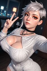 1girls 3d 3d_(artwork) ai_generated big_ass big_breasts breasts busty cleavage gray_hair halter_top kylee_(oc) peace_sign pixie_cut radnsad short_hair side_shave silver_hair solo solo_female solo_focus sweater thick_thighs toned toned_female white_hair