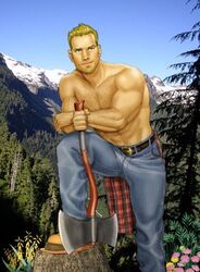 1boy 2006 axe bara blonde_hair cali_boys facial_hair five_o'clock_shadow flowers human human_only joe_phillips looking_away lumberjack male male_only mountains muscle original_character partially_clothed shirtless solo trees treestump