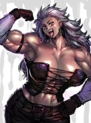 abs big_breasts bustier corset dorohedoro earring gloves kisuu long_hair looking_at_viewer muscular_female navel noi_(dorohedoro) posing red_eyes shaved_armpit silver_hair tall thin_waist tongue_out wide_hips