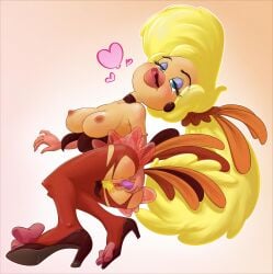 anthro artist_request bird_girl blonde_female blonde_hair blue_eyes blush choker earrings elbow_gloves erect_nipples goldie_pheasant gradient_background heels high_heels large_breasts leotard leotard_pull long_hair makeup murawa nipples object_insertion pink_nipples pleasure_face pussy pussy_juice ribbon_shoes rock-a-doodle thighhighs yellow_feathers