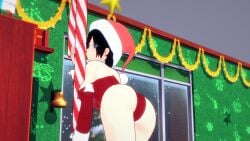 1girls 3d_(artwork) ass_focus black-haired_female black_hair blue_eyes candy_cane christmas kingdom_hearts koikatsu_(medium) looking_at_viewer pole_dancing render santa_costume santa_hat snow window xion