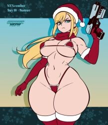 1girls artist_logo artist_name beauty_mark belly belly_button big_breasts big_hips bikini blonde_hair blue_eyes breasts cameltoe child_bearing_hips christmas christmas_bikini christmas_clothing christmas_hat christmas_outfit curvaceous curvy curvy_female curvy_figure female female_focus female_only gionnic_art gionnic_art_(artist) gionnics gloves gradient_background gun hat hourglass_figure light-skinned_female light_skin long_hair looking_away metroid nintendo ponytail red_bikini red_gloves red_hat red_scarf red_thighhighs samus_aran santa_hat scarf sexcember thick_thighs thighhighs watermark