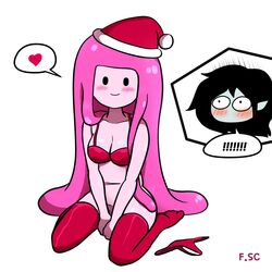 2girls adventure_time artist_name black_hair blush bra canon_couple christmas excited fizzyspidercider grey_skin hi_res horny large_breasts lingerie looking_at_partner marceline no_panties nude_female panties_removed pink_hair pink_skin pointy_ears princess_bubblegum santa_hat spoken_heart stockings thighhighs very_long_hair white_background