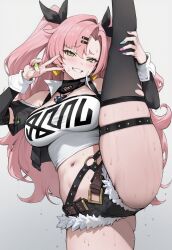 1girls ai_generated ass blush breasts clothed clothed_female female green_eyes grin huge_ass huge_breasts light-skinned_female light_skin looking_at_viewer mihoyo navel nicole_demara one_leg_up peace_sign pink_hair smile standing_on_one_leg standing_splits sweat sweatdrop thick_thighs thighs truck-kun_art truck_kun v zenless_zone_zero