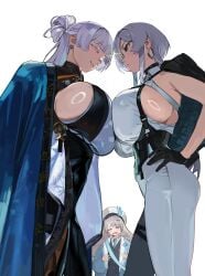 3girls big_breasts breasts_pressed_together breasts_squeezed_together brid_(nikke) brid_(silent_track)_(nikke) competitive goddess_of_victory:_nikke hintobento huge_breasts mole_on_breast nayuta_(nikke) sideboob silver_hair soline_(nikke) sparks