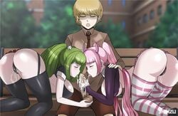 1boy 2girls aged_up ass big_ass big_breasts big_penis blowjob breasts collaborative_fellatio cum cum_in_mouth cum_on_face cumming danganronpa danganronpa_ultra_despair_girls double_fellatio double_handjob fellatio green_hair handjob heavy_blush kemuri_jataro looking_at_viewer multiple_girls necktie nipples_visible_through_clothing panties penis pink_hair pleasure_face pussy pussy_juice sex shinzu031 socks straight_hair stripes teamwork testicle_grab towa_monaca twintails utsugi_kotoko wet_pussy