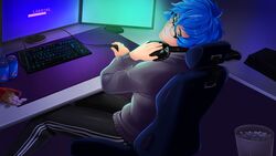 1boy clothed_male clothing energy_drink fap_ceo_menstream gamer gaming_chair gay headphones laptop looking_at_viewer looking_up male male_only mike_(fap_ceo_menstream) pale-skinned_male playing_videogame potato_chips solo trash_can twink