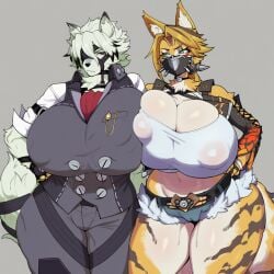 2025 2girls ai_generated amiamia anthro ass big_ass big_breasts breasts canid canine canis cat catgirl clothed clothed_female clothing ears felid feline felis female furry furry_female genderswap genderswap_(mtf) green_eyes hand_on_hip hoyoverse huge_ass huge_breasts looking_at_another nipple_bulge pulchra_fellini rule_63 short_hair standing striped_body striped_fur tagme tail thick_thighs two-tone_body two-tone_fur von_lycaon white_body white_fur white_hair wide_hips wolf wolf_girl yellow_body yellow_fur yellow_hair zenless_zone_zero