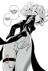 absurdres anal anal_object_insertion annoyed anus ass ass_focus bare_legs butt_plug buttplug from_below green_eyes greyscale highres kunitoro kunitoro_(artist) looking_at_viewer looking_back monochrome naked_dress non-web_source object_insertion pussy pussy_juice sex_toy simple_background solo tatsumaki thighs vibrator vibrator_in_thigh_strap