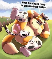 ambient_cow anal anal_sex animal_print animal_print_thigh_highs anthro anus armpit_hair ass balls_outline black_hair body_hair brown_body brown_fur brown_nipples bulge buttplug buttplug_in_ass buttplug_insertion buttplug_tail canid canine clothed clothing cow_print cow_print_thigh_highs detailed_bulge dialogue dipstick_tail english_text fake_tail fox fur genital_outline gloves_(marking) hair half-closed_eyes hi_res interrobang lalo_manias legwear looking_at_viewer lying male mammal markings narrowed_eyes nipples object_in_ass on_side onomatopoeia outside pantsless pattern_clothing pattern_legwear pattern_thigh_highs penetration penis_outline plug_(sex_toy) plug_insertion presenting presenting_hindquarters raised_leg sex_toy sex_toy_in_ass sex_toy_insertion solo sound_effects speech_bubble tail tail_markings talking_to_viewer tan_body tan_fur text thick_thighs thigh_highs topless yellow_body yellow_fur
