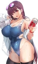 bangs bead_bracelet beads black_legwear blue_swimsuit bracelet breasts can coca-cola covered_navel curvy damda eyebrows_visible_through_hair eyewear_on_head fate/grand_order fate_(series) female holding holding_can jewelry large_breasts long_hair looking_at_viewer nail_polish one-piece_swimsuit open_mouth purple_hair red_eyes red_nails scathach_(fate) scathach_(fate)_(all) simple_background solo standing sunglasses swimsuit thick_thighs thighhighs thighs very_long_hair wet wet_hair white_background