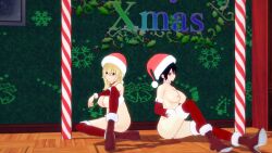 2girls 3d 3d_(artwork) black-haired_female black_hair blonde-haired_female blonde_hair blue_eyes candy_cane happy heels kingdom_hearts koikatsu koikatsu_(medium) namine nipples render santa_hat sitting window xion