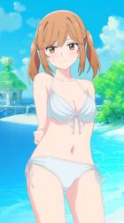 1girls arms_behind_back bare_legs bare_shoulders beach brown_hair cleavage collarbone looking_at_viewer medium_breasts standing string_bikini twintails white_bikini