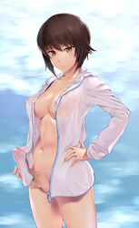 blush brown_eyes brown_hair closed_mouth eyebrows_visible_through_hair female futa_only futanari girls_und_panzer gradient gradient_background highres hood hoodie looking_at_viewer naked_hoodie nishizumi_maho penis short_hair wa_(genryusui) white_hoodie