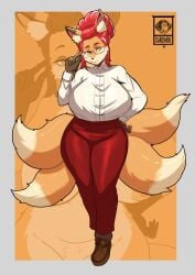 1girls 2026 2d_(artwork) absurd_res animal_ears asian_mythology big_breasts clothed color curvaceous curvy_figure east_asian_mythology female fox fox_ears fox_girl fox_tail furry glasses hair_bun hand_on_hip hi_res huge_breasts japanese_mythology kitsune light_skin multiple_tails nipples pussy red_hair red_hair_female shini_alonzo shoes solo solo_female solo_focus yellow_eyes yokai youkai