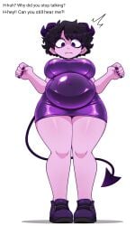 ai_generated bodycon demon_girl demon_horns demon_tail dialogue digested_prey digestion digestion_implied full_body jellybean jellybean_(mcyt) jellybean_(youtube) jellybean_(youtuber) looking_down looking_down_at_belly mcyt minecraft minecraft_youtubers purple_dress purple_heels shocked_expression startled tight_clothing tight_dress twitch twitch.tv twitch_streamer twitter twitter_username viewed_from_below vore vore_belly vore_implied youtube youtuber youtubers